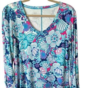 T by Talbots Floral 3/4 Sleeve Top in Blue, Pink, White Size M